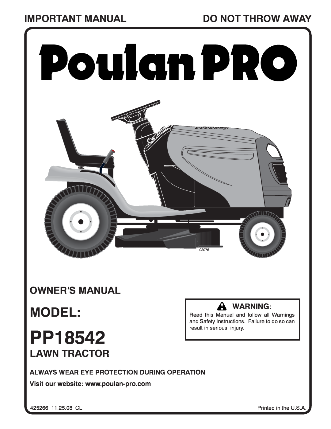 Poulan PP18542 owner manual Model, Important Manual, Do Not Throw Away, Lawn Tractor, 03076 