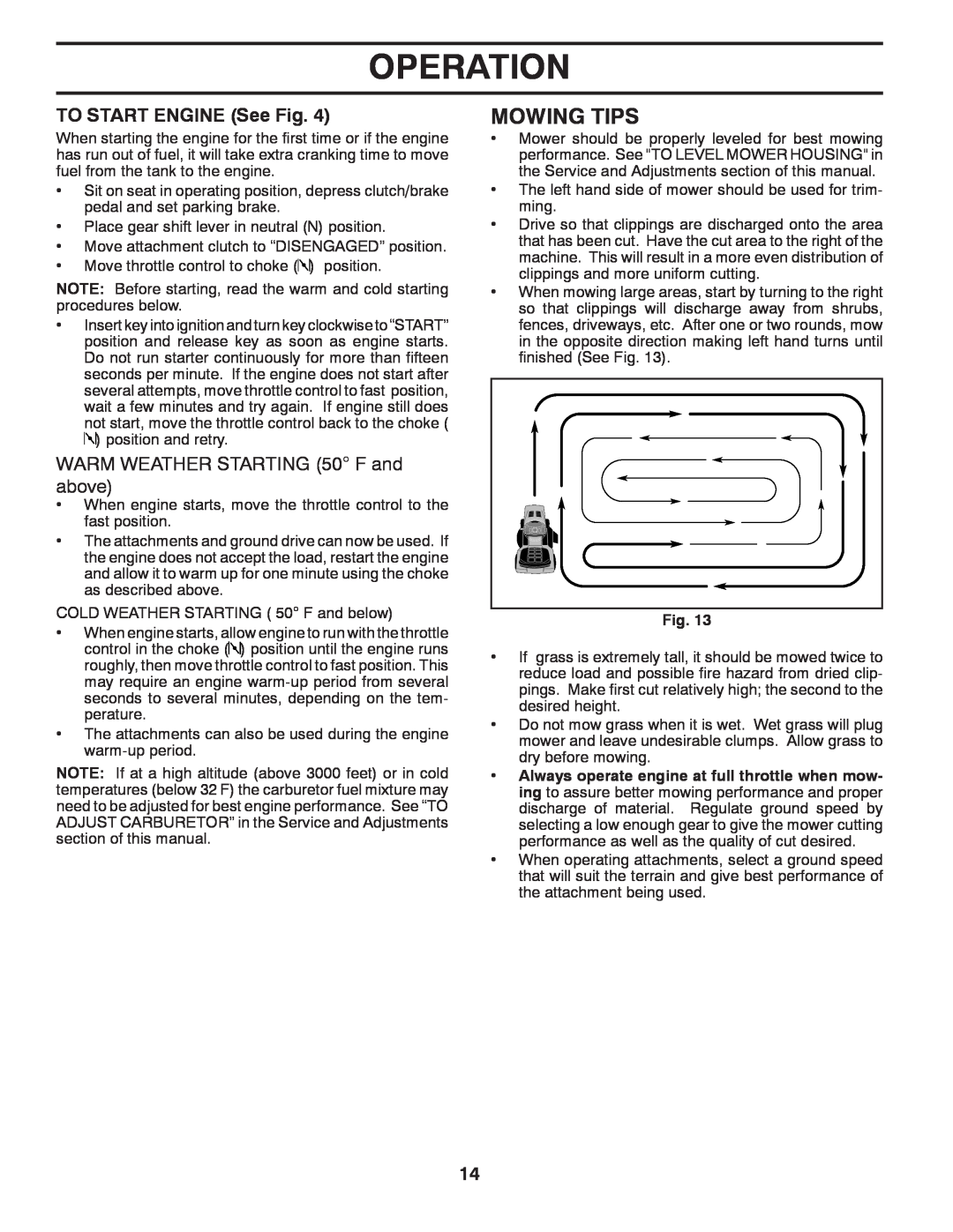 Poulan PP18542 owner manual Mowing Tips, TO START ENGINE See Fig, Operation 