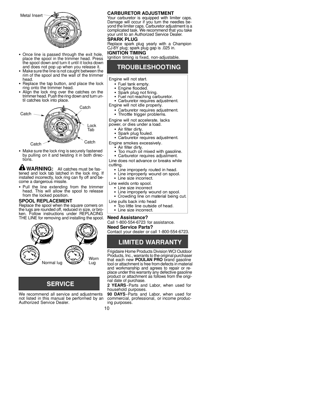 Poulan PP196 operating instructions Spool Replacement, Carburetor Adjustment, Spark Plug, Ignition Timing 