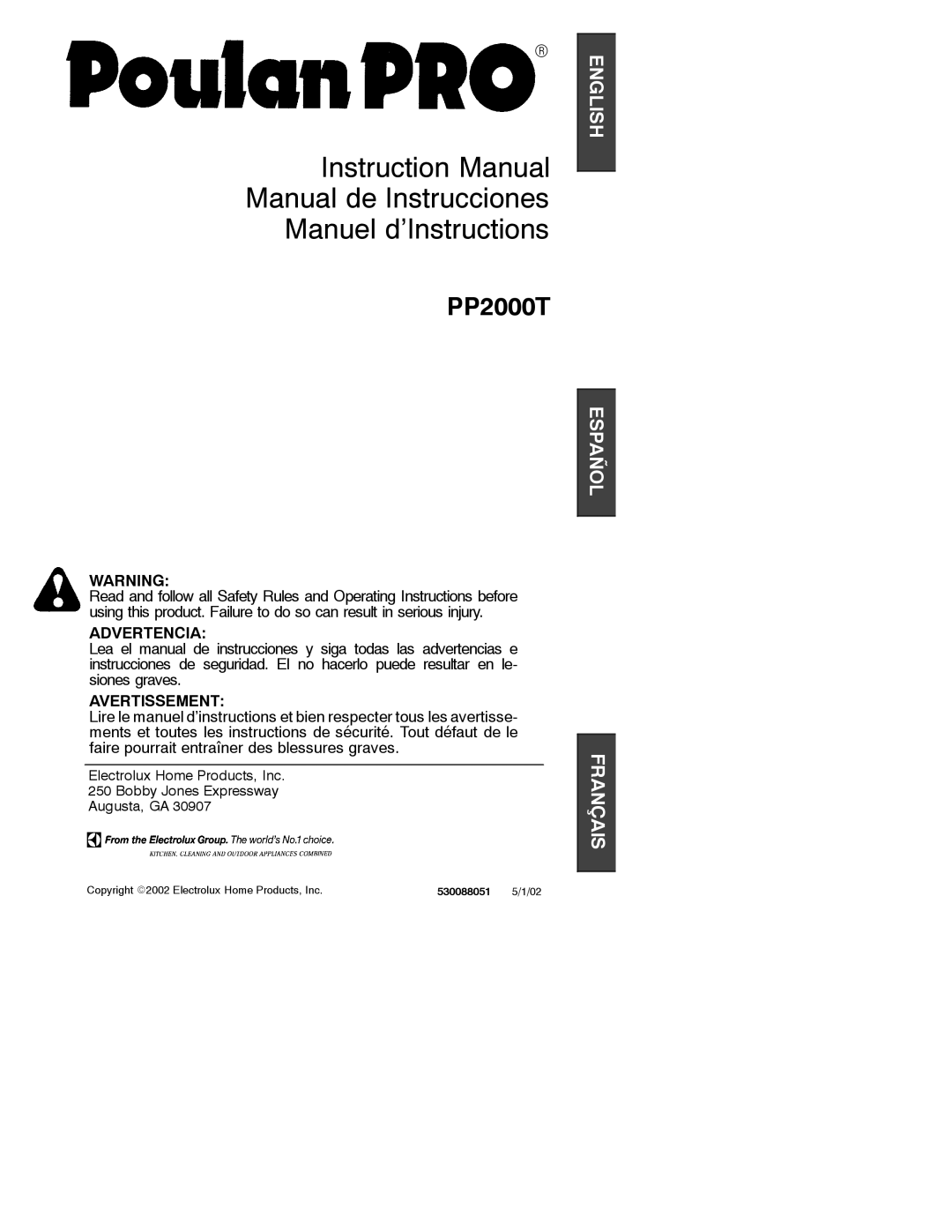 Poulan 530088051, PP2000T instruction manual Manual de Instrucciones Manuel d’Instructions 