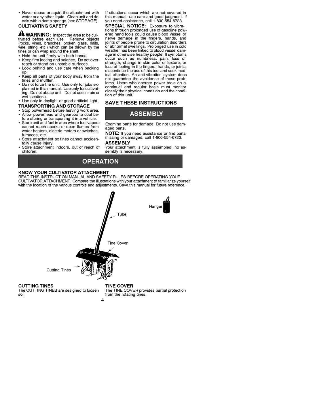 Poulan PP2000T Cultivating Safety, Transporting and Storage, Assembly, Know Your Cultivator Attachment, Cutting Tines 