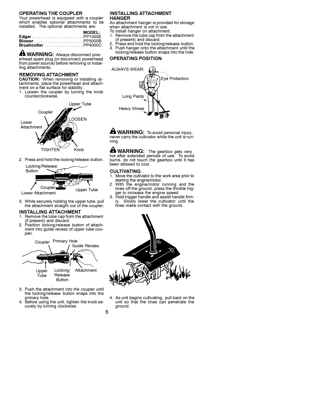 Poulan 530088051 Operating the Coupler, Removing Attachment, Installing Attachment Hanger, Operating Position, Cultivating 