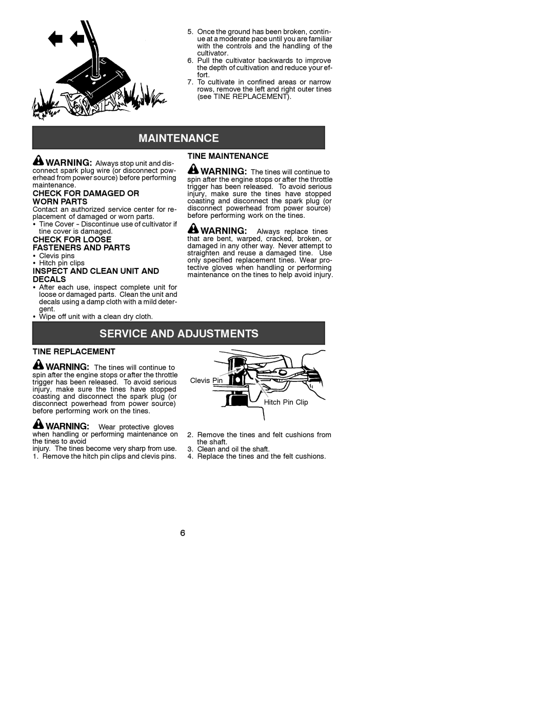 Poulan PP2000T, 530088051 Tine Maintenance, Check for Damaged or, Worn Parts, Check for Loose, Fasteners and Parts, Decals 