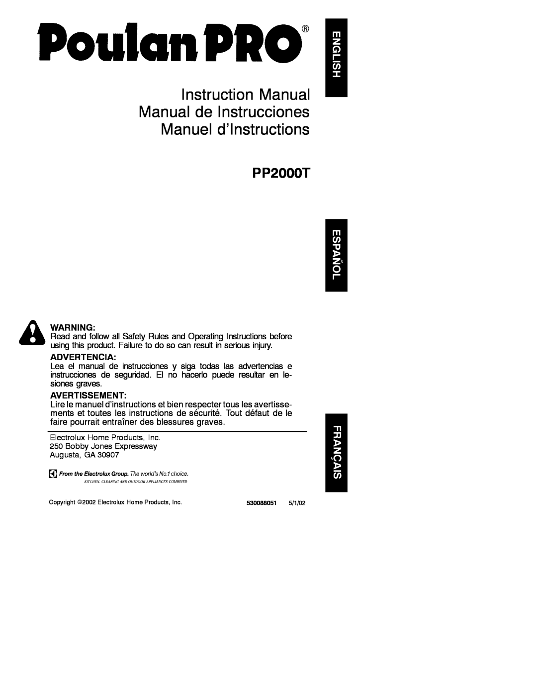 Poulan 530088051 instruction manual Advertencia, Avertissement, Manuel d’Instructions, PP2000T 