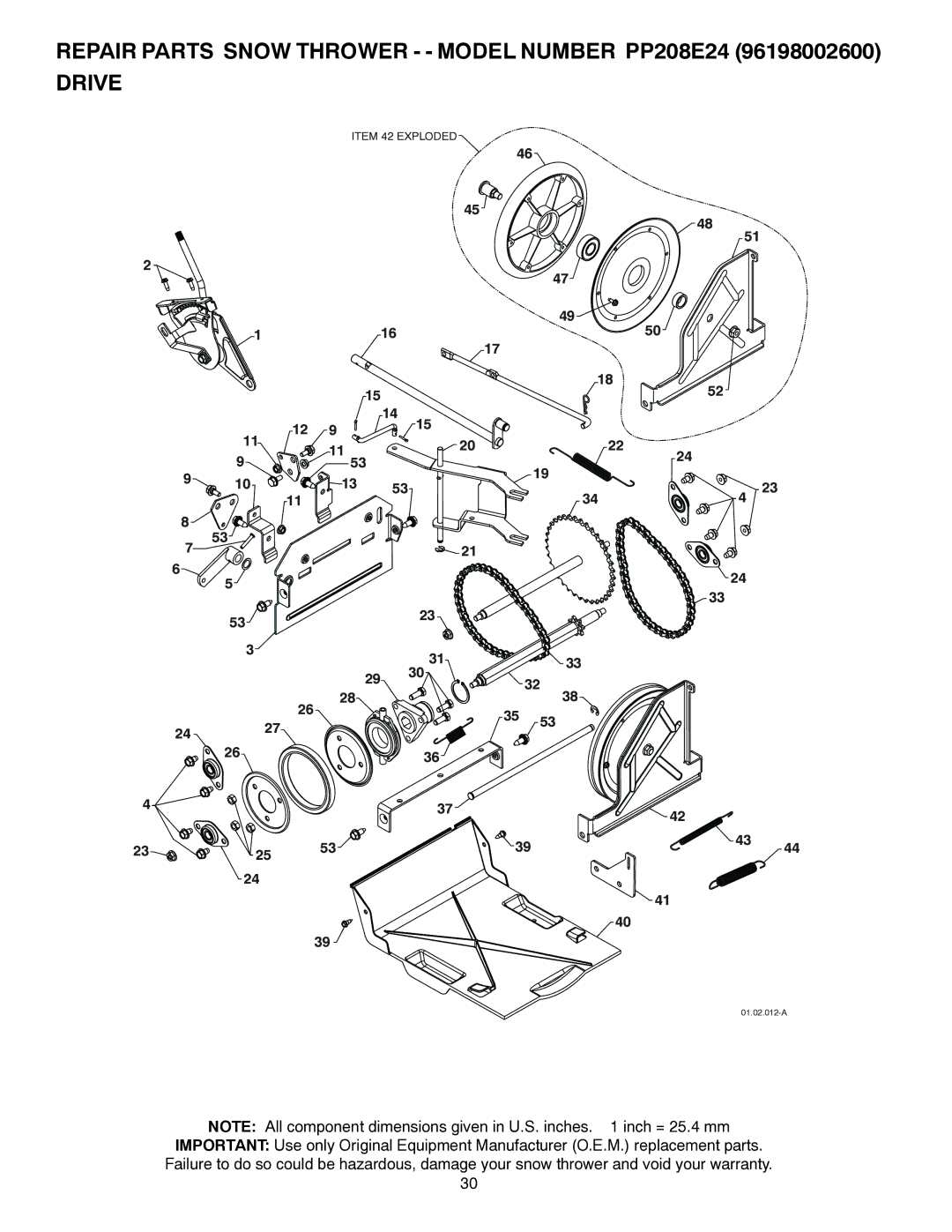 Poulan owner manual Repair Parts Snow Thrower - Model Number PP208E24 Drive 