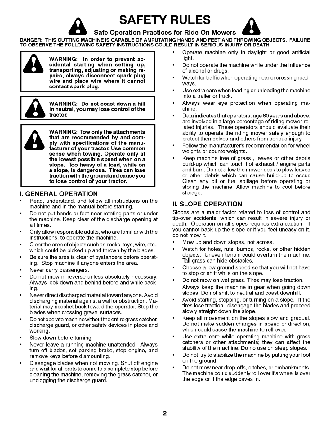 Poulan PP21H42 manual Safety Rules, Safe Operation Practices for Ride-On Mowers, General Operation, II. Slope Operation 