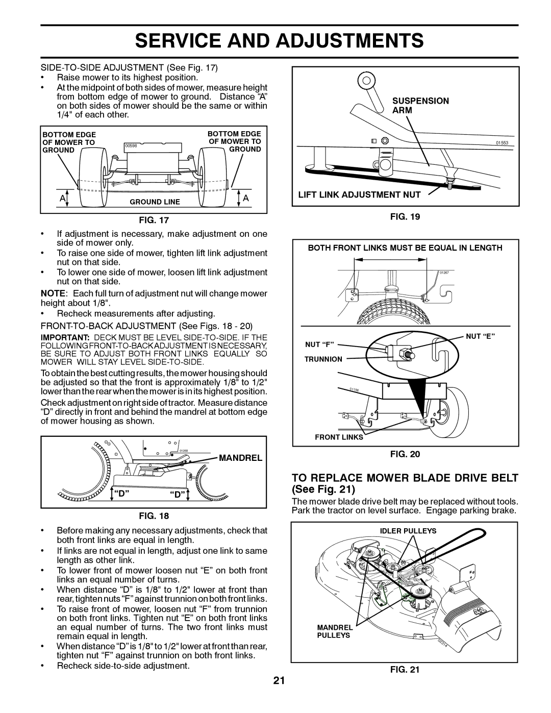 Poulan PP21H42 manual To Replace Mower Blade Drive Belt See Fig, Mandrel, Suspension, Arm, Lift Link Adjustment NUT 