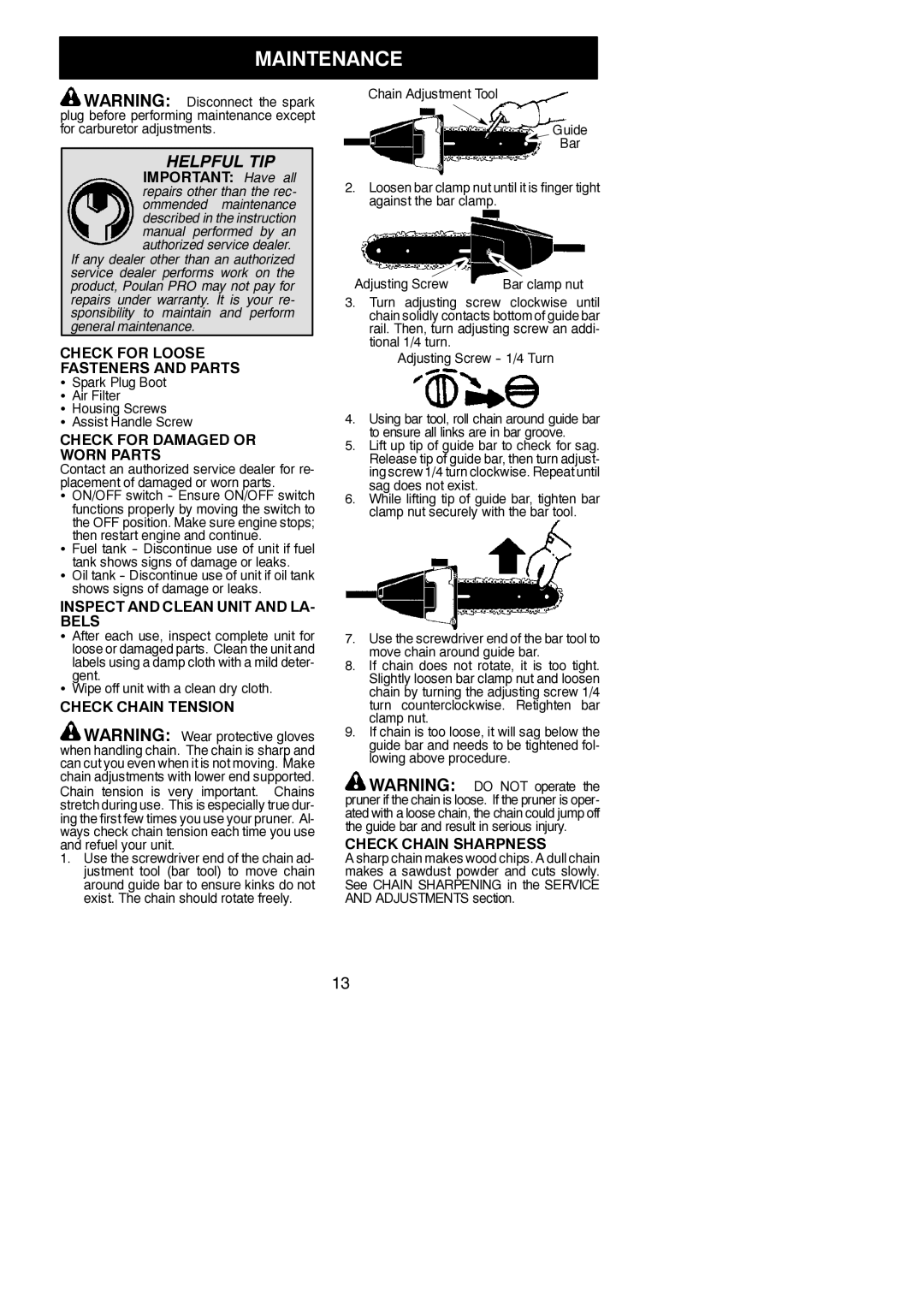 Poulan PP258TP instruction manual Maintenance 