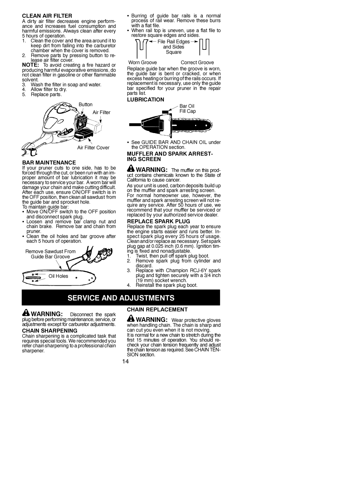 Poulan PP258TP instruction manual Service and Adjustments 