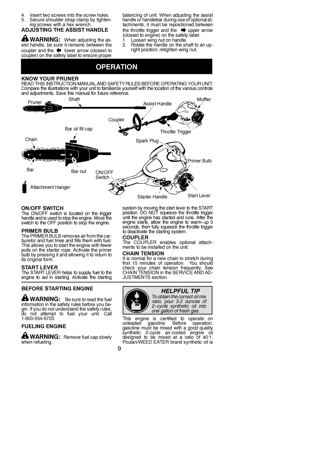 Poulan PP258TP instruction manual Operation 