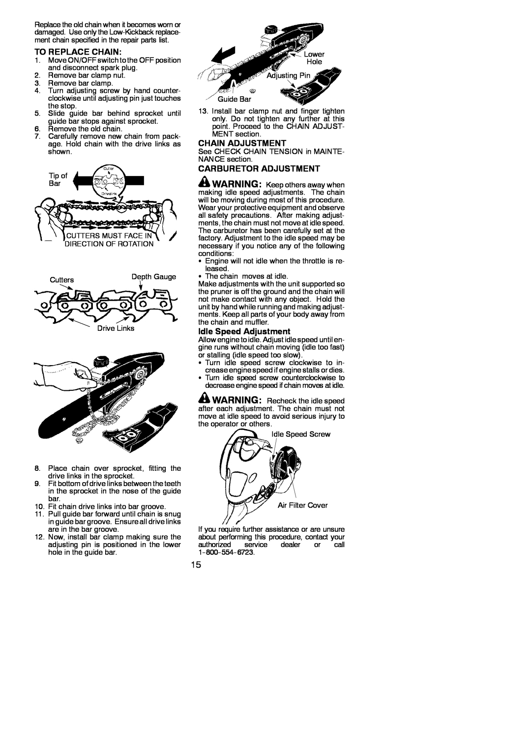 Poulan PP258TP instruction manual To Replace Chain, Chain Adjustment, Carburetor Adjustment, Idle Speed Adjustment 