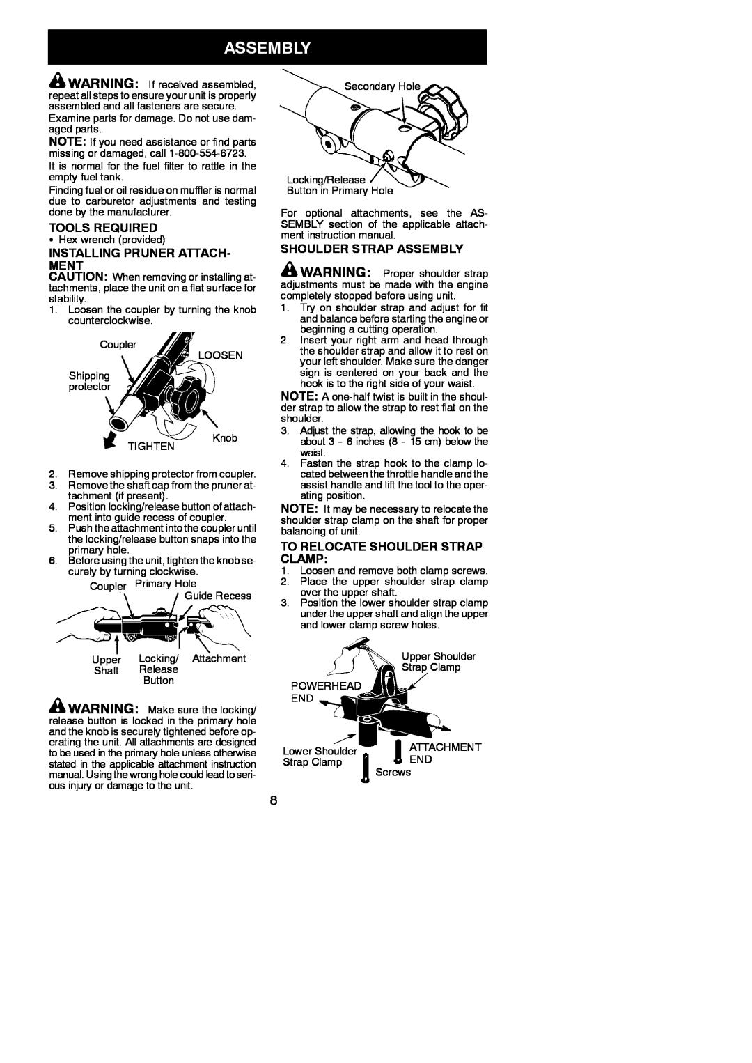 Poulan PP258TP instruction manual Tools Required, Installing Pruner Attach- Ment, Shoulder Strap Assembly 