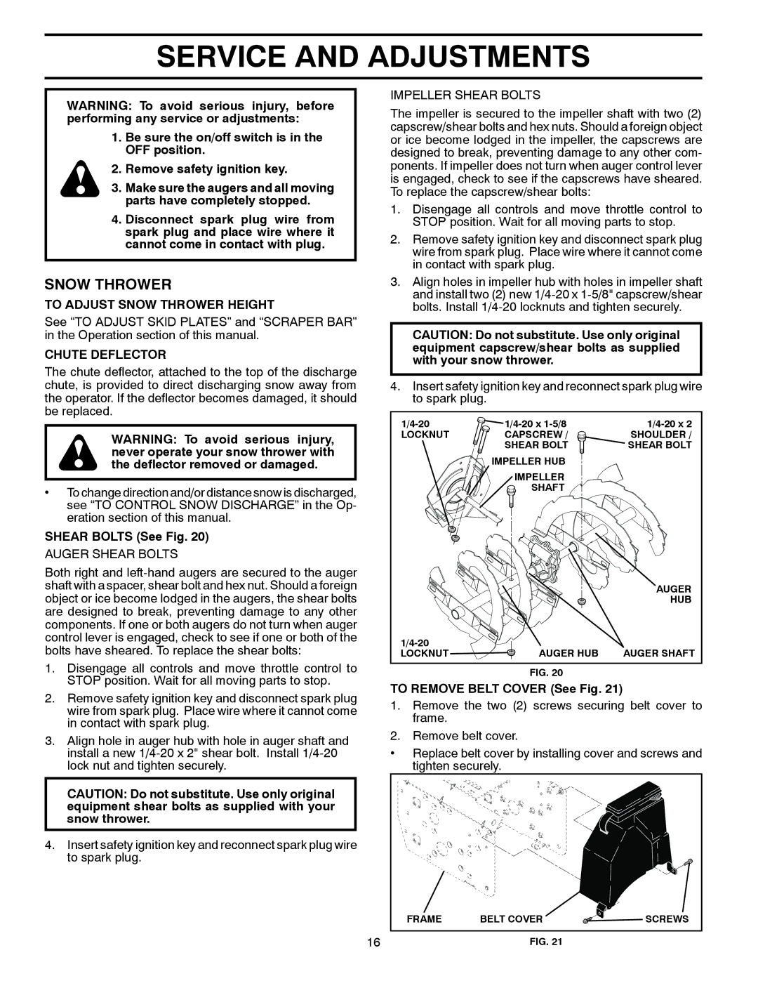 Poulan PP291E30 owner manual Service and Adjustments, To Adjust Snow Thrower Height, Chute Deflector, Shear Bolts See Fig 