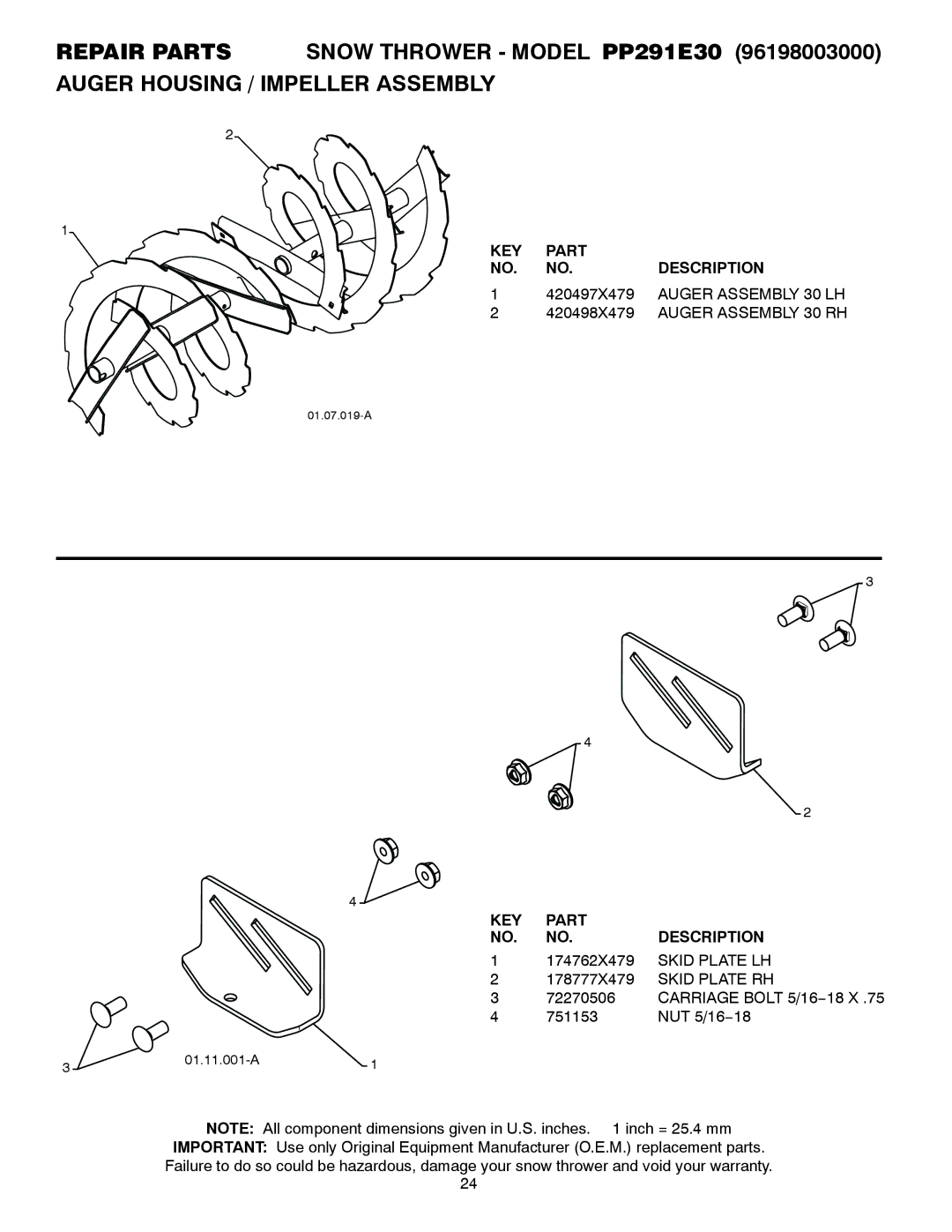 Poulan PP291E30 owner manual Auger Assembly 30 LH, Auger Assembly 30 RH, Skid Plate LH, Skid Plate RH 