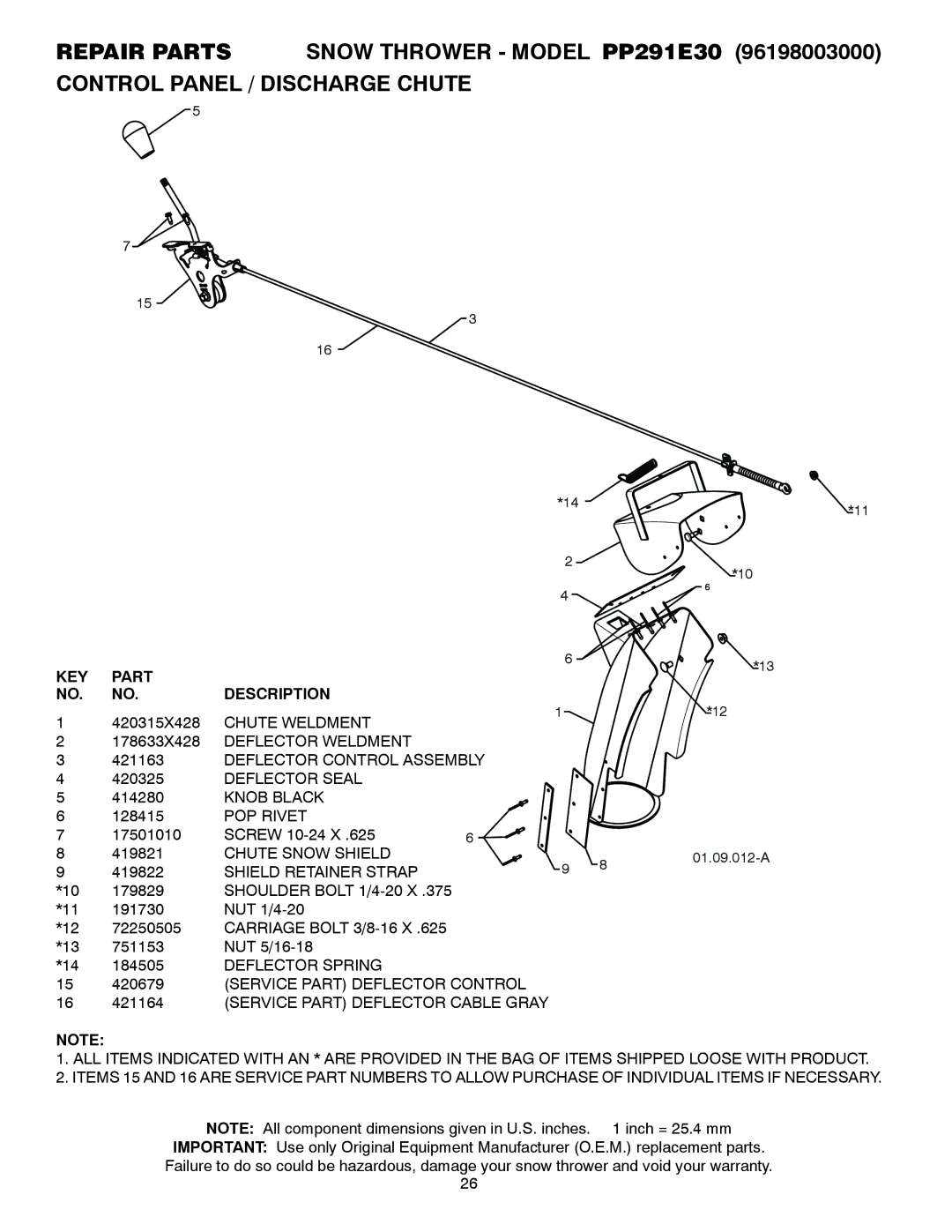 Poulan PP291E30 owner manual Knob Black, POP Rivet, Chute Snow Shield, Shield Retainer Strap 