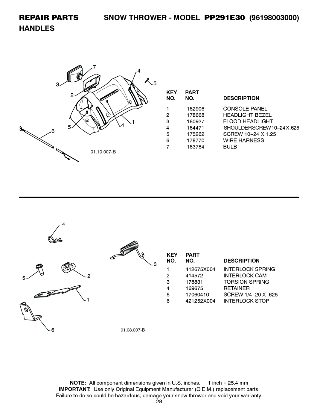 Poulan owner manual Repair Parts Snow Thrower Model PP291E30 Handles 