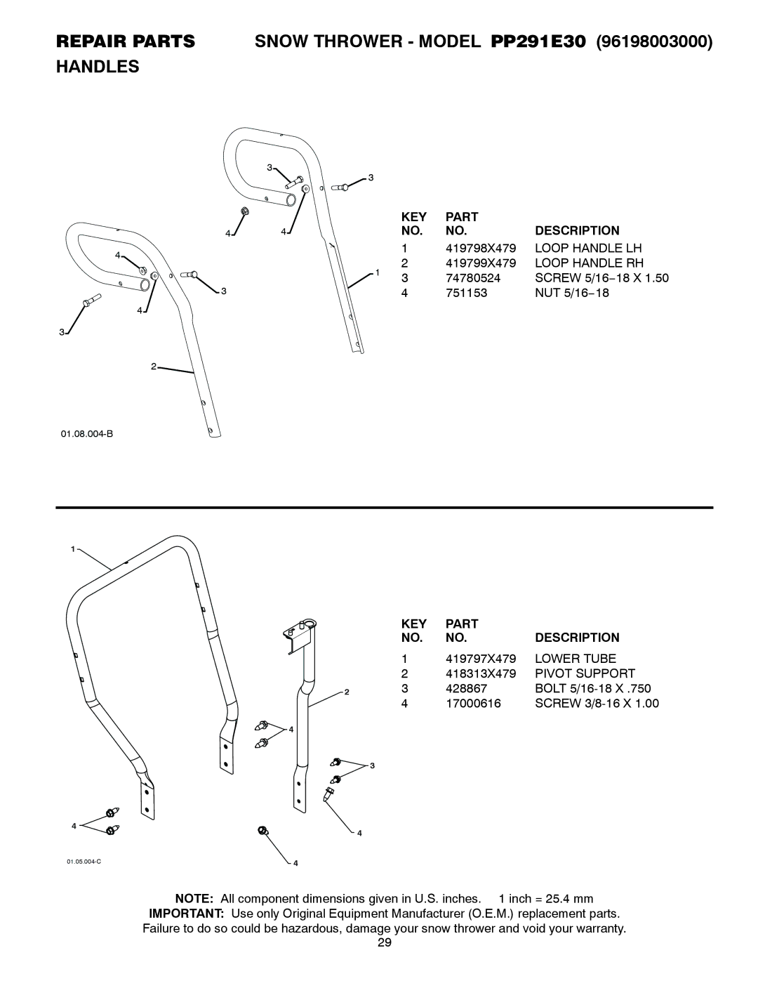 Poulan PP291E30 owner manual Loop Handle LH, Loop Handle RH, Lower Tube, Pivot Support 