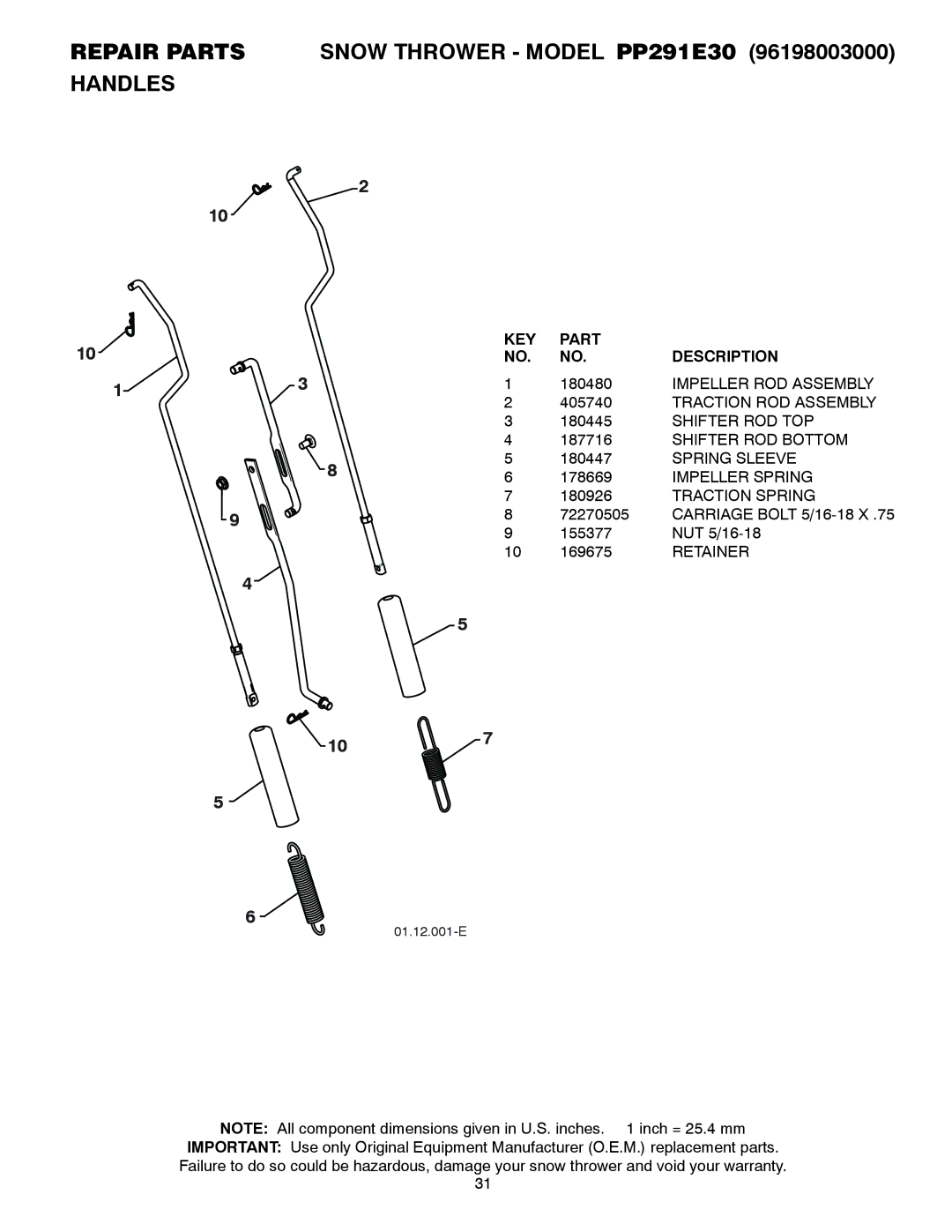 Poulan PP291E30 owner manual Carriage Bolt 5/16-18 X 155377 NUT 5/16-18 169675 