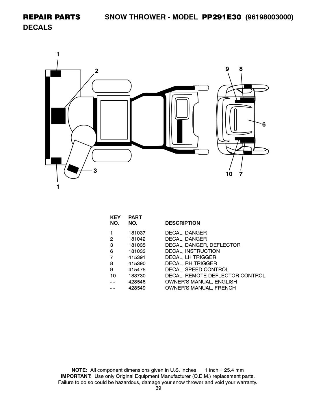 Poulan Repair Parts Snow Thrower Model PP291E30 Decals, DECAL, Danger, DECAL, DANGER, Deflector, DECAL, Instruction 