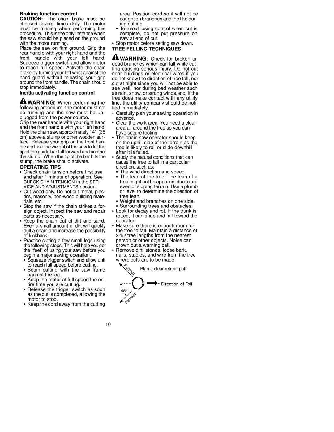 Poulan PP300E Braking function control, Inertia activating function control, Operating Tips, Tree Felling Techniques 