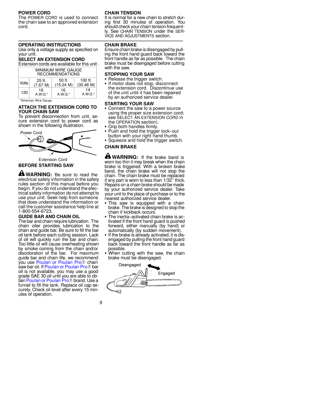 Poulan PP300E Power Cord, Chain Tension, Operating Instructions, Attach the Extension Cord to Your Chain SAW, Chain Brake 