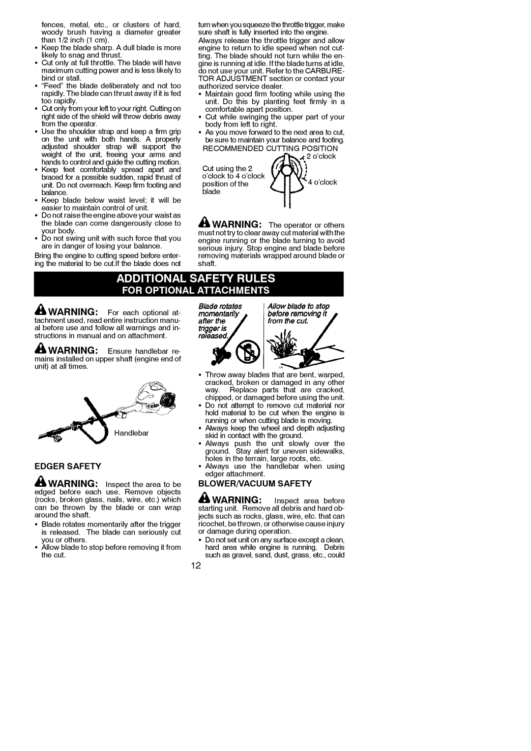 Poulan PP325 instruction manual Additional Safety Rules, Edger Safety, BLOWER/VACUUM Safety, Recommended Cutting Position 