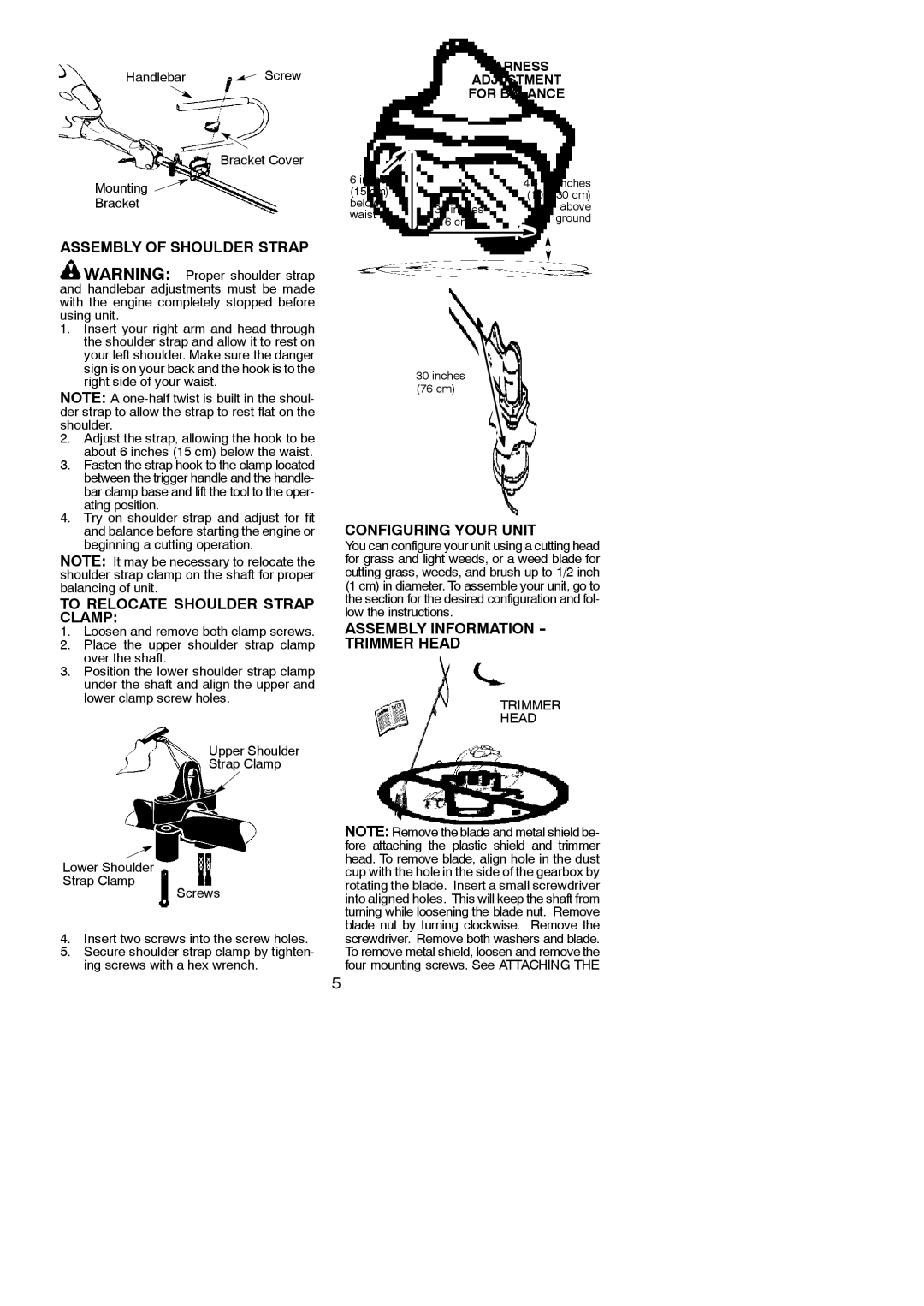 Poulan PP325 Assembly of Shoulder Strap, To Relocate Shoulder Strap Clamp, Configuring Your Unit, Trimmer Head 