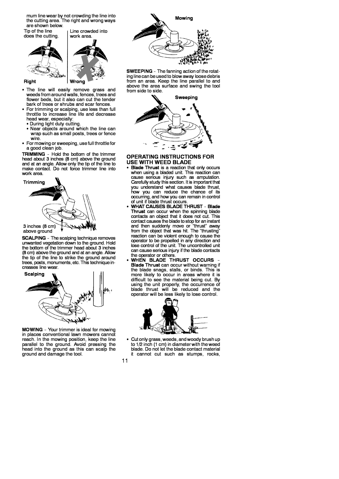 Poulan PP325 instruction manual Operating Instructions For Use With Weed Blade, RightWrong, Trimming, Scalping, Sweeping 