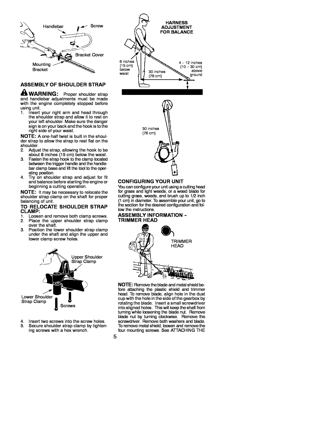 Poulan PP325 instruction manual Assembly Of Shoulder Strap, To Relocate Shoulder Strap Clamp, Configuring Your Unit 