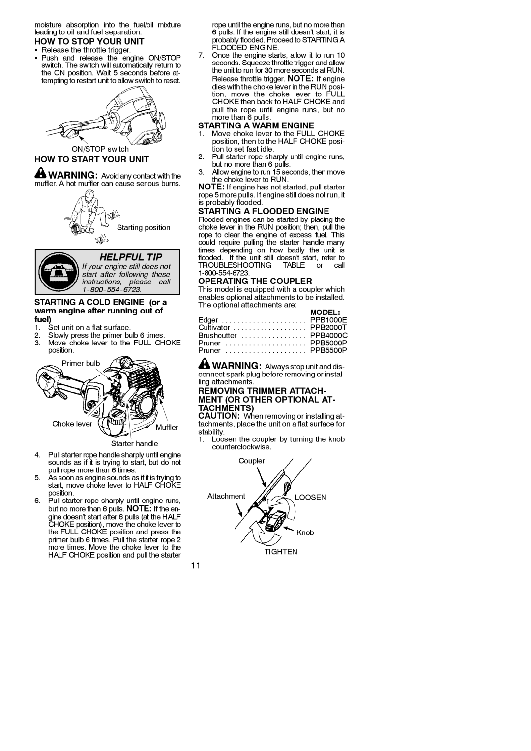 Poulan 115156126, PP330 HOW to Stop Your Unit, HOW to Start Your Unit, Starting a Warm Engine, Starting a Flooded Engine 