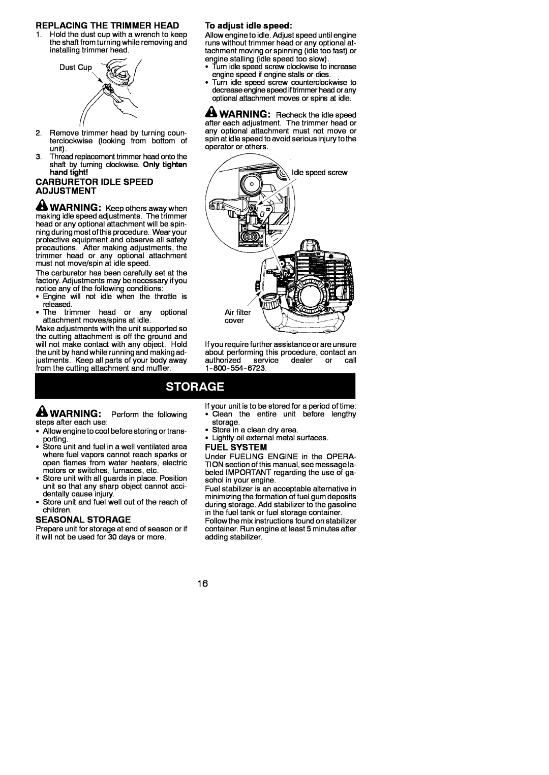 Poulan PP330 Replacing The Trimmer Head, Carburetor Idle Speed Adjustment, To adjust idle speed, Seasonal Storage 