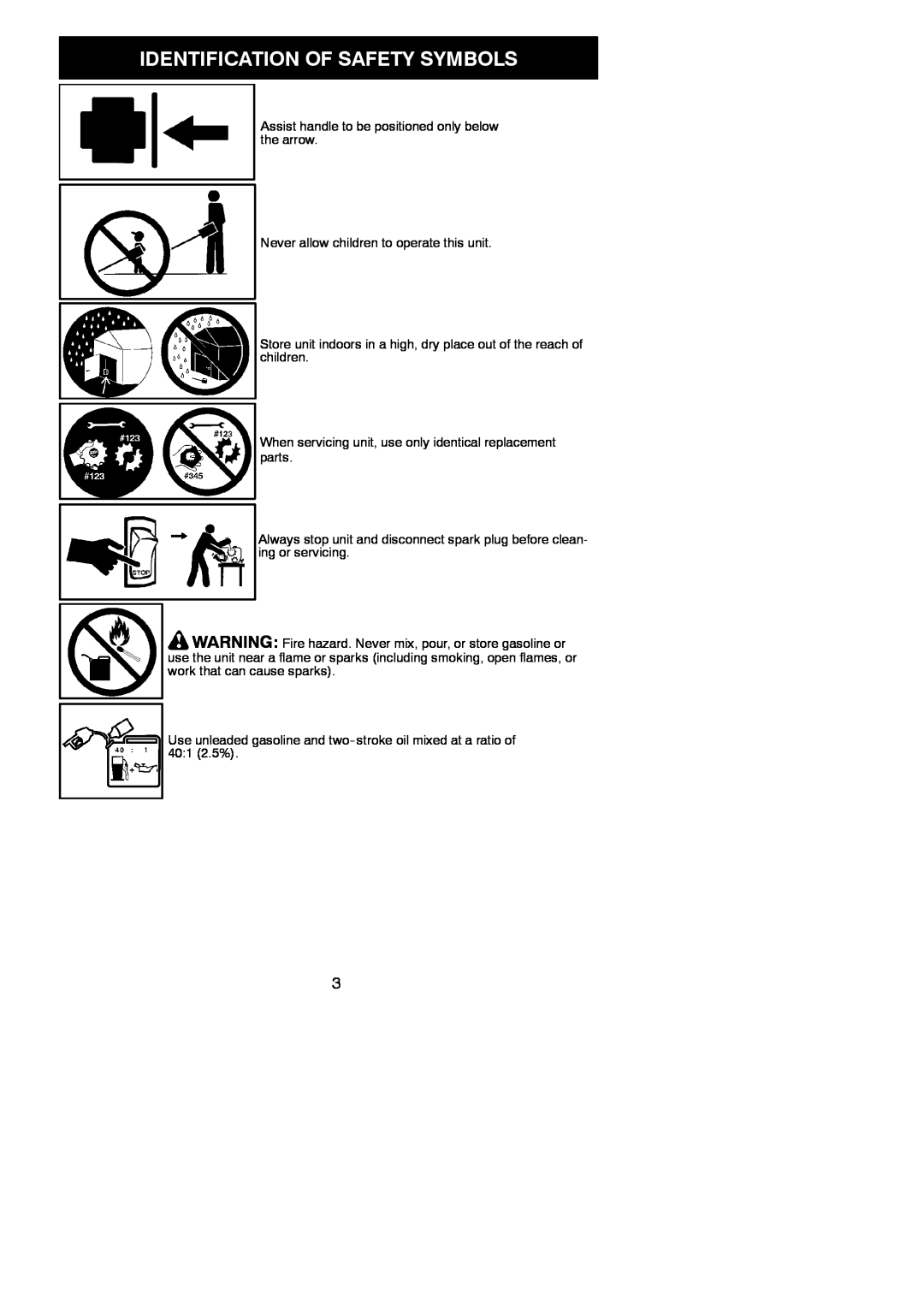Poulan 115156126, PP330 Identification Of Safety Symbols, Assist handle to be positioned only below the arrow 