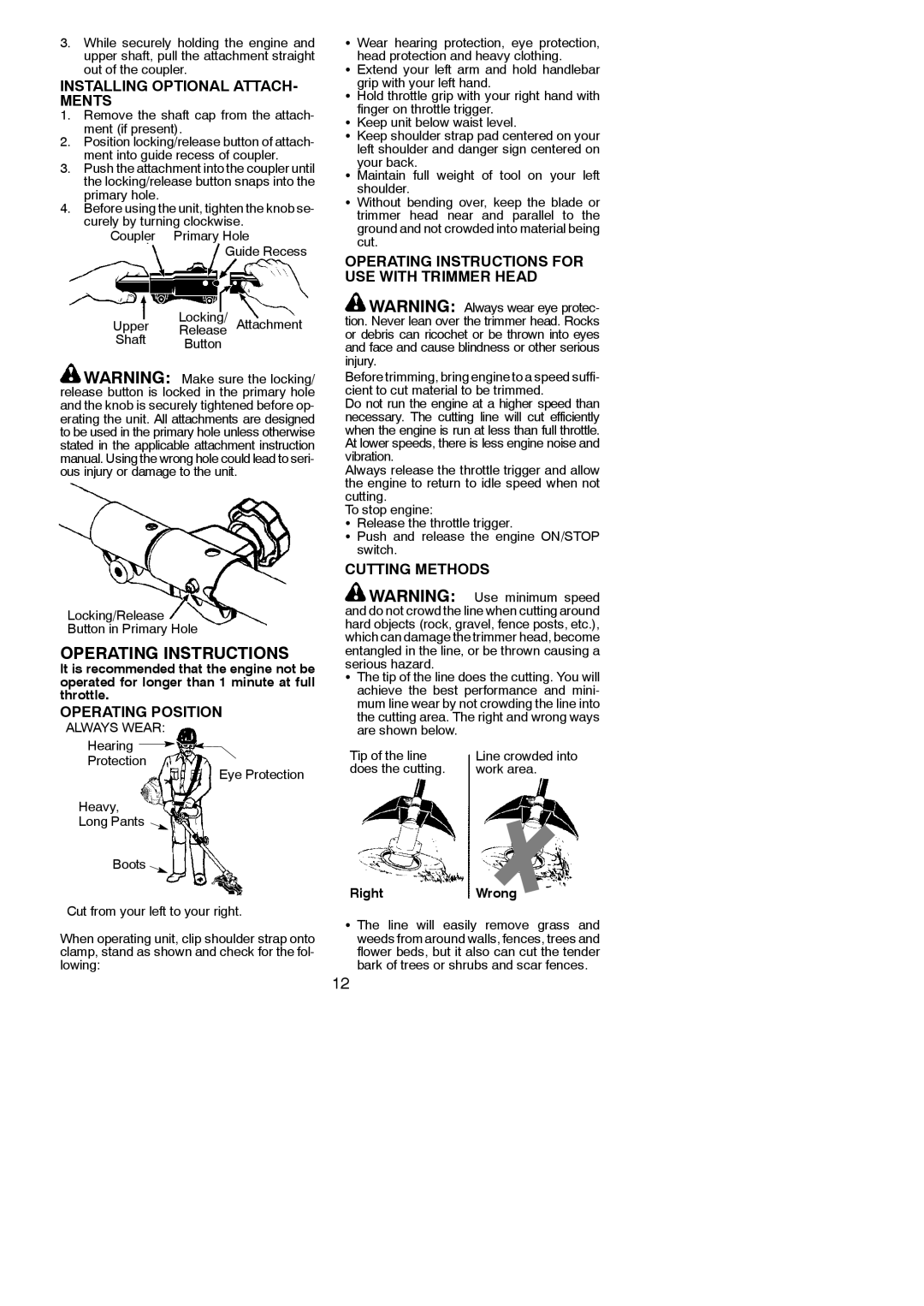 Poulan PP333 Installing Optional ATTACH- Ments, Operating Position, Operating Instructions for USE with Trimmer Head 