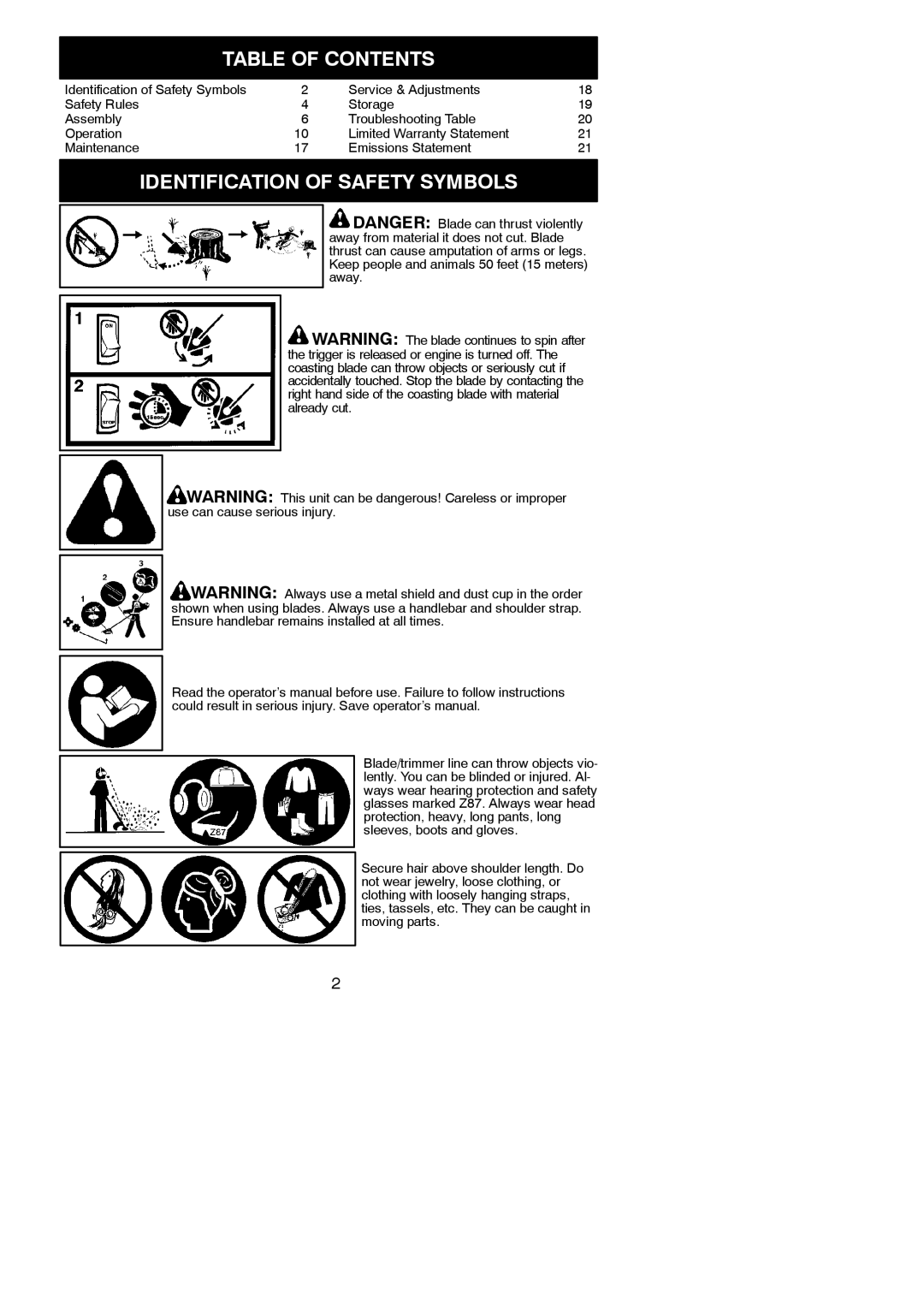 Poulan PP333 instruction manual Table of Contents, Identification of Safety Symbols 