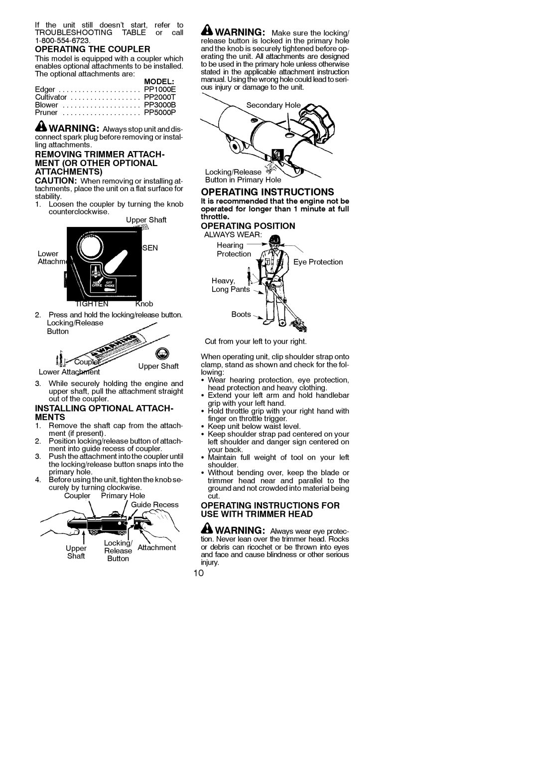 Poulan PP336 Operating the Coupler, Removing Trimmer ATTACH- Ment or Other Optional Attachments, Operating Position 