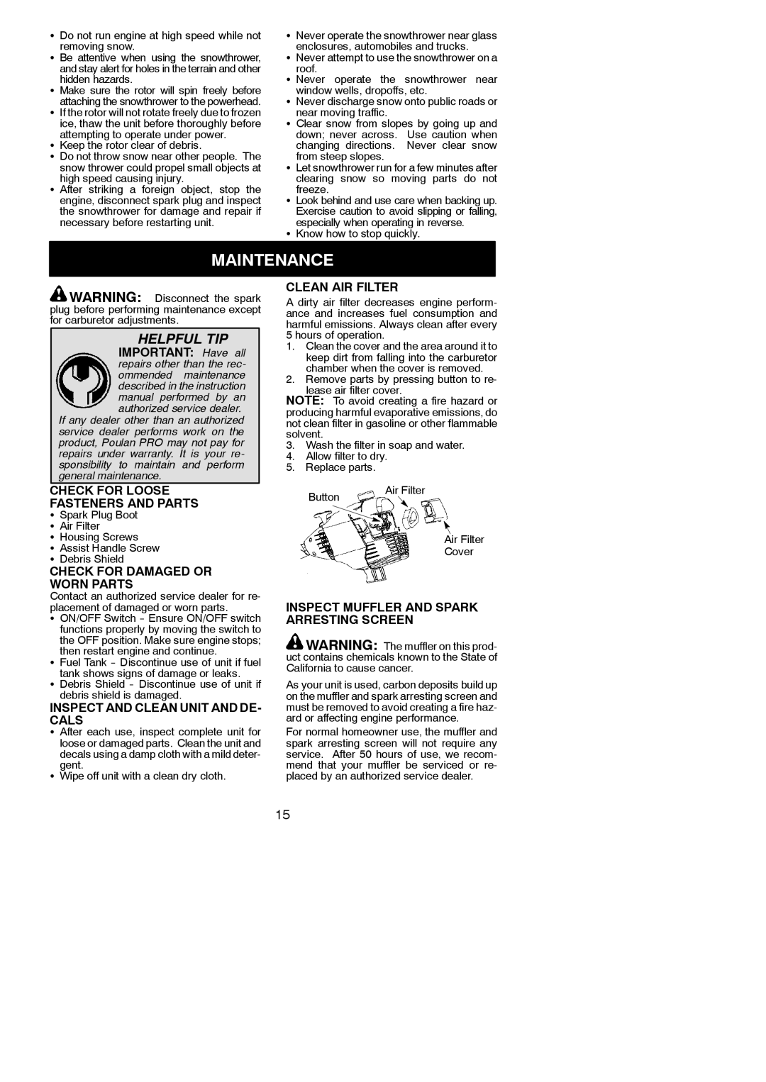 Poulan PP336 instruction manual Maintenance 