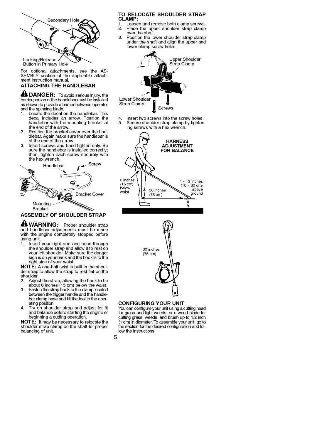 Poulan PP336 To Relocate Shoulder Strap Clamp, Attaching the Handlebar, Assembly of Shoulder Strap, Configuring Your Unit 