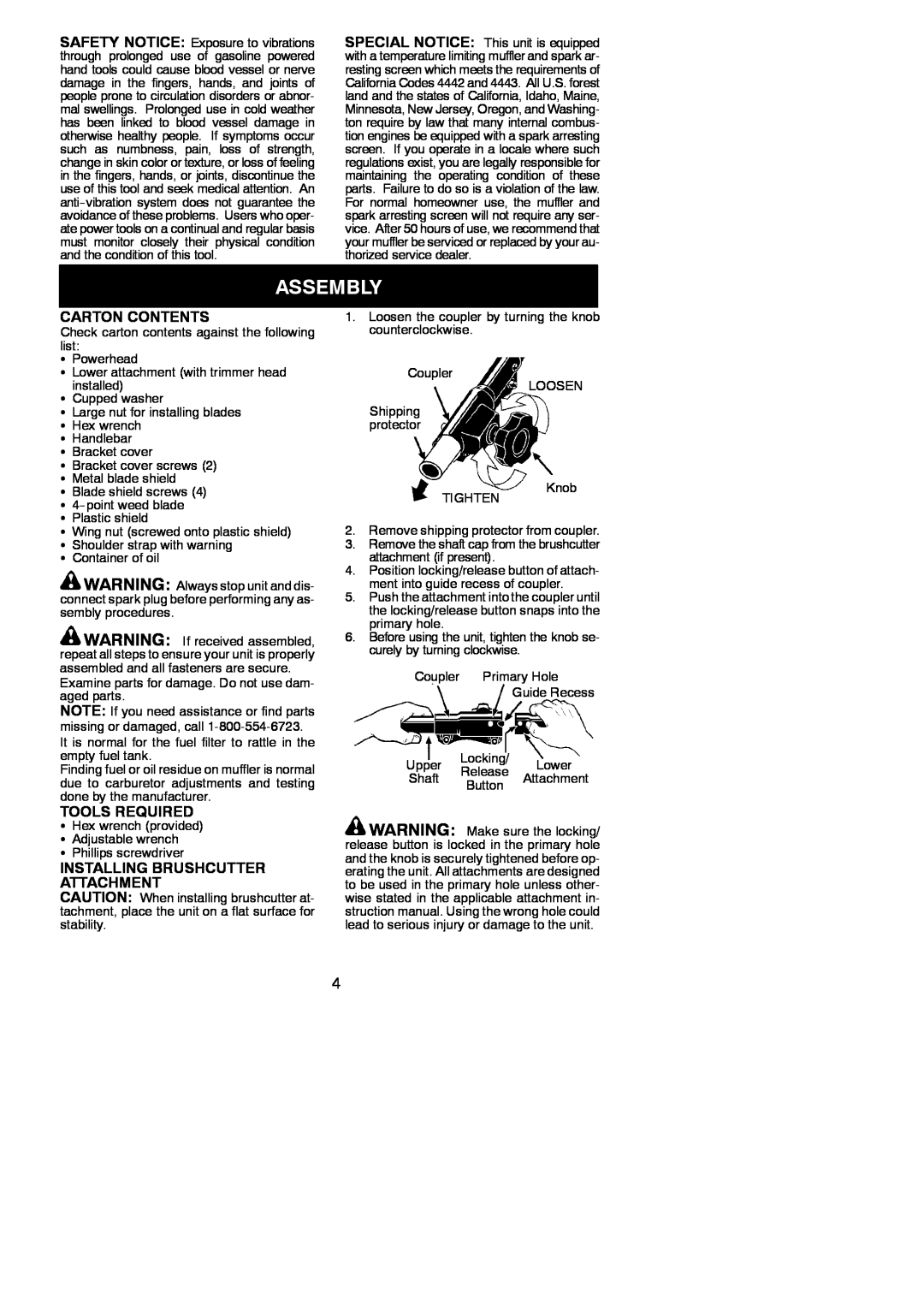 Poulan PP336 instruction manual Assembly, Carton Contents, Tools Required, Installing Brushcutter Attachment 