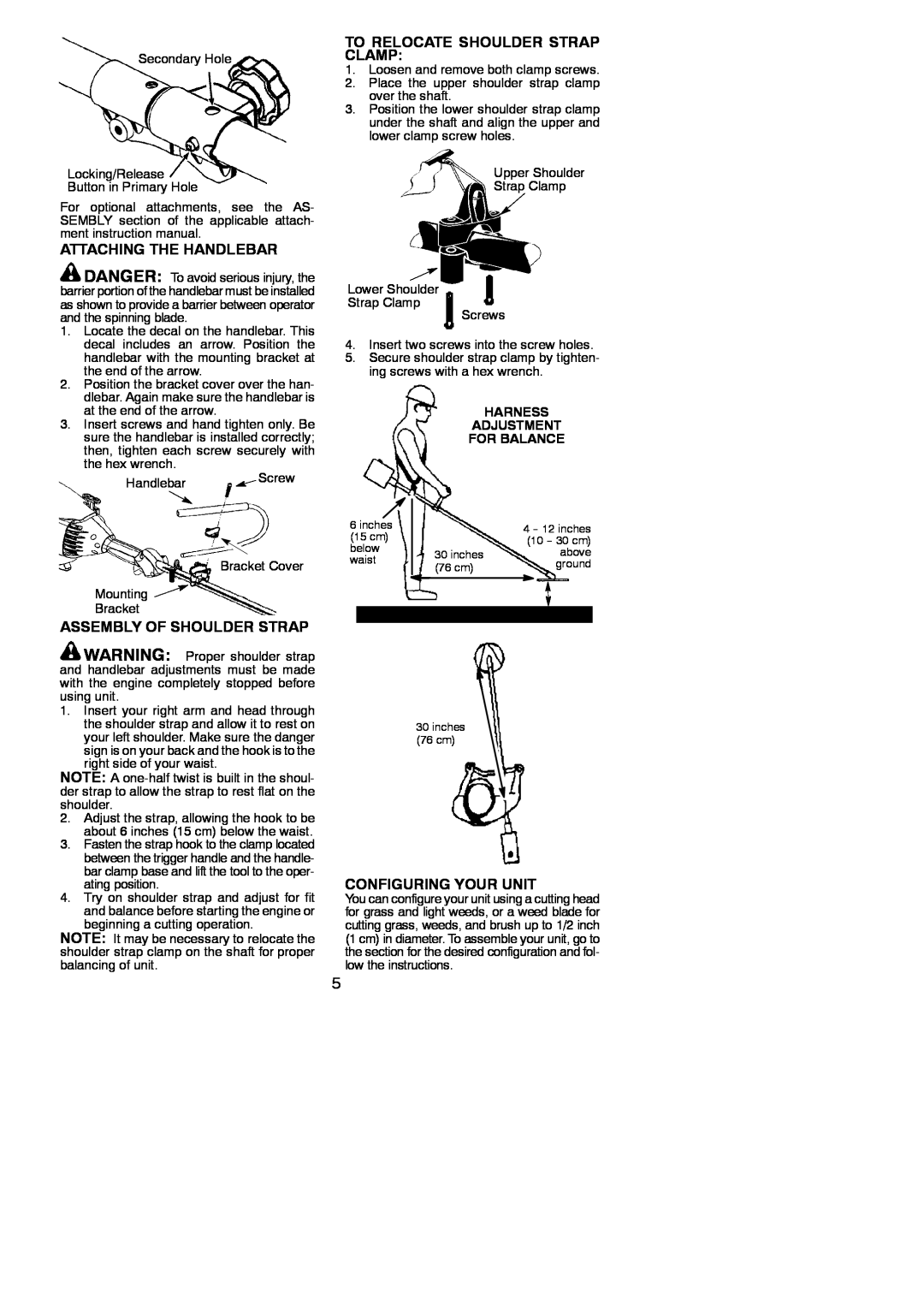 Poulan PP336 To Relocate Shoulder Strap Clamp, Attaching The Handlebar, Assembly Of Shoulder Strap, Configuring Your Unit 