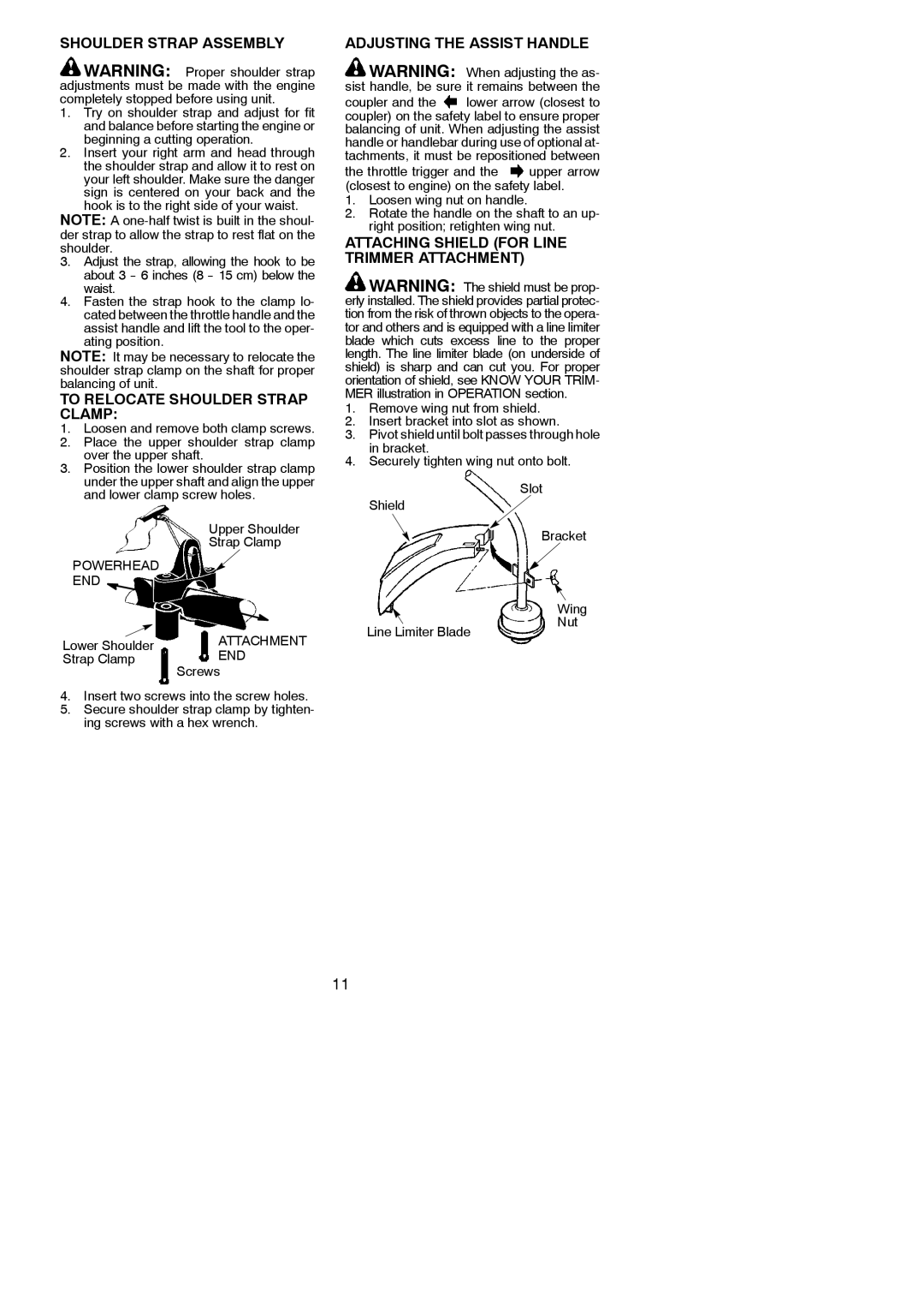 Poulan 115224926, PP338PT Shoulder Strap Assembly, To Relocate Shoulder Strap Clamp, Adjusting the Assist Handle 