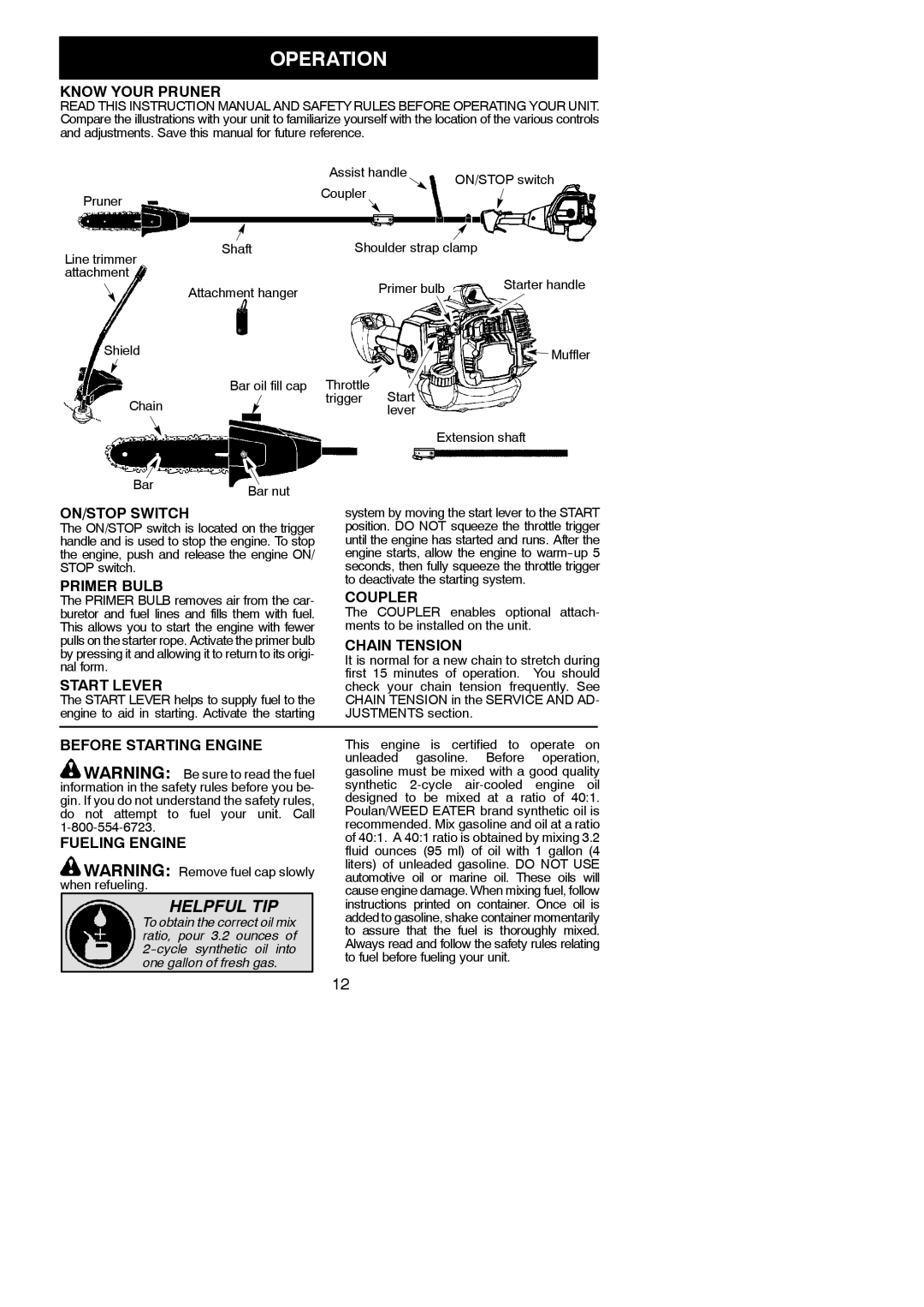 Poulan PP338PT, 115224926 instruction manual Operation 