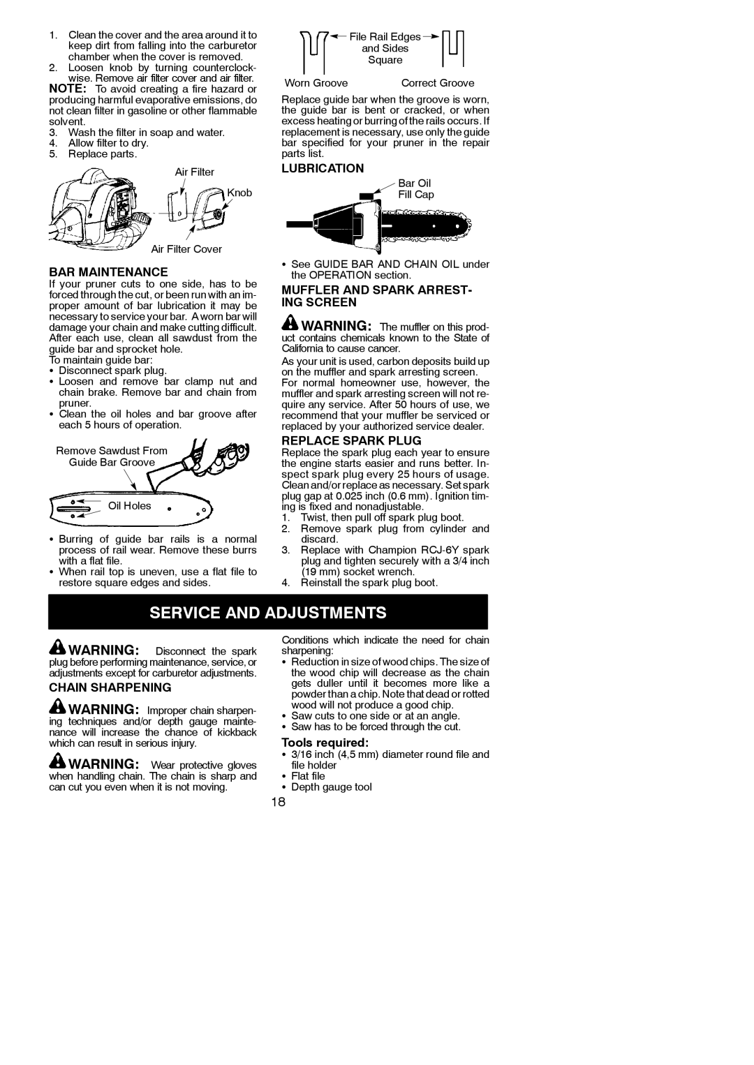 Poulan PP338PT, 115224926 instruction manual Service and Adjustments 