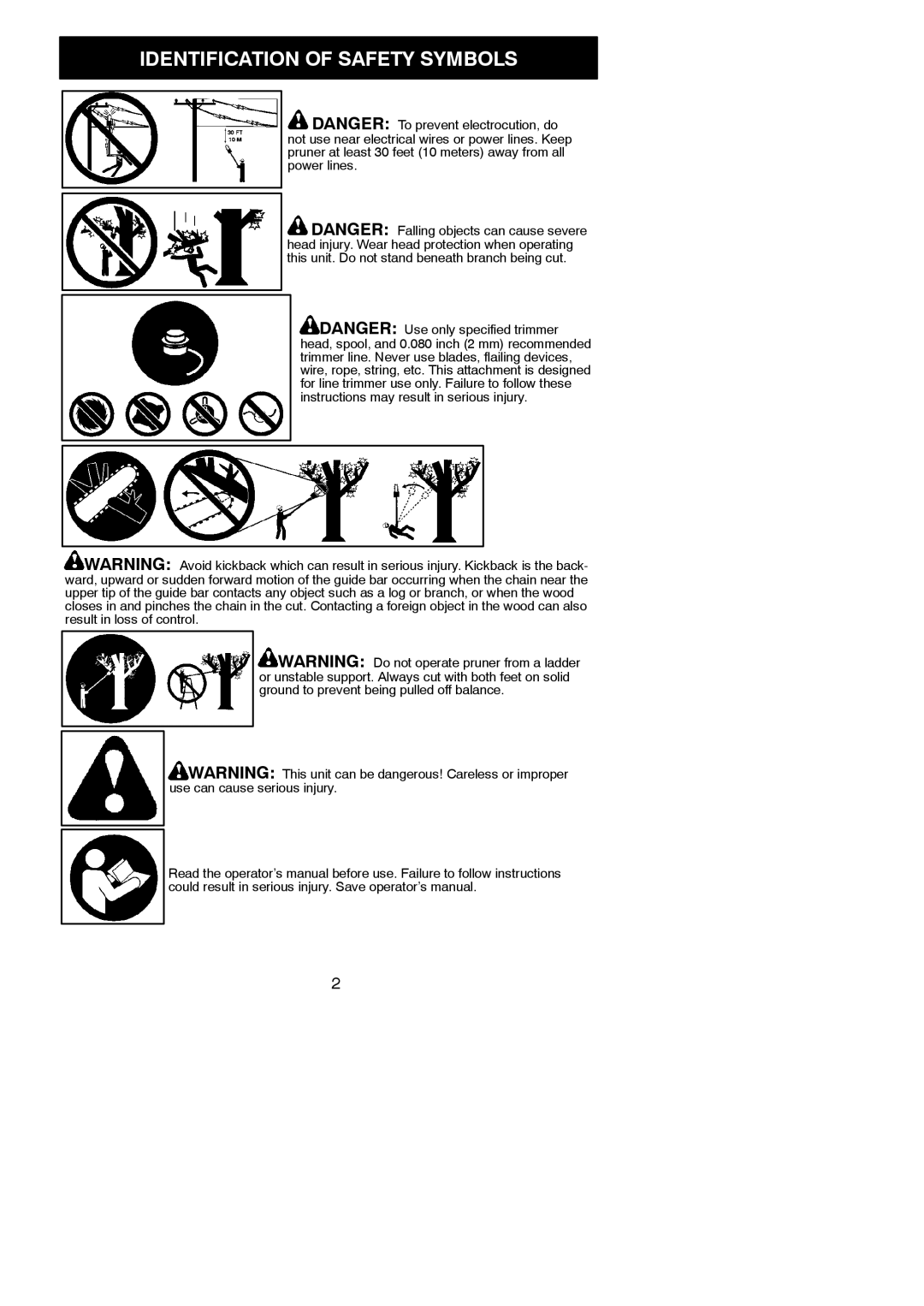 Poulan PP338PT, 115224926 instruction manual Identification of Safety Symbols 