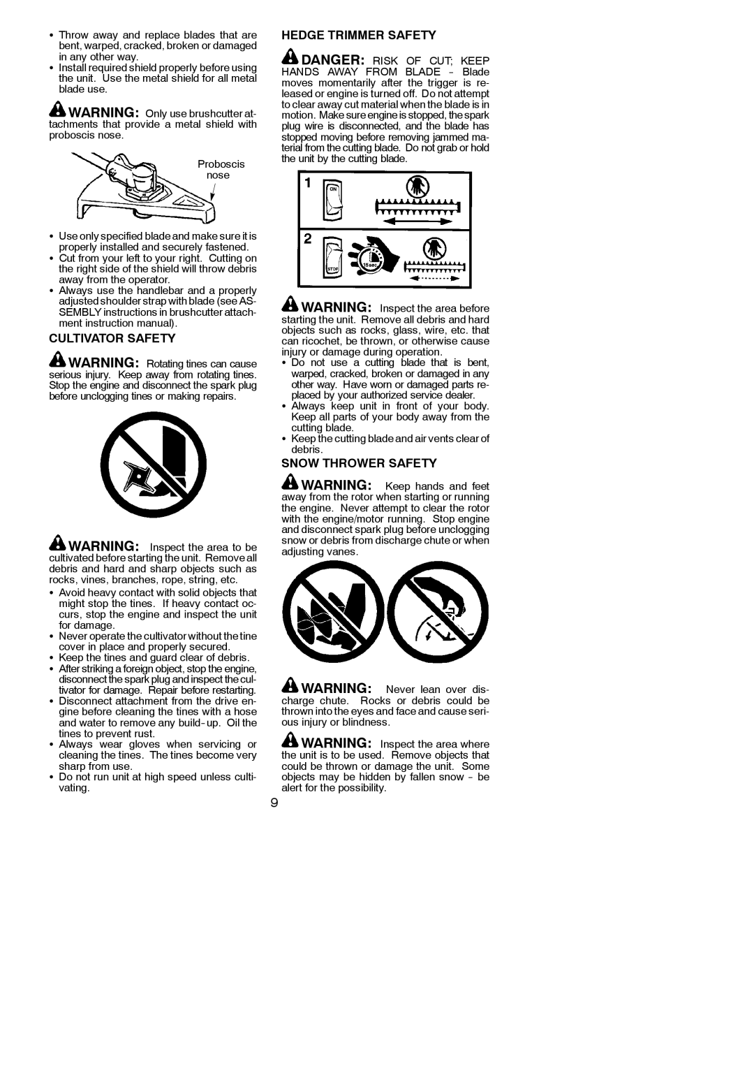 Poulan 115224926, PP338PT instruction manual Cultivator Safety, Hedge Trimmer Safety, Snow Thrower Safety 