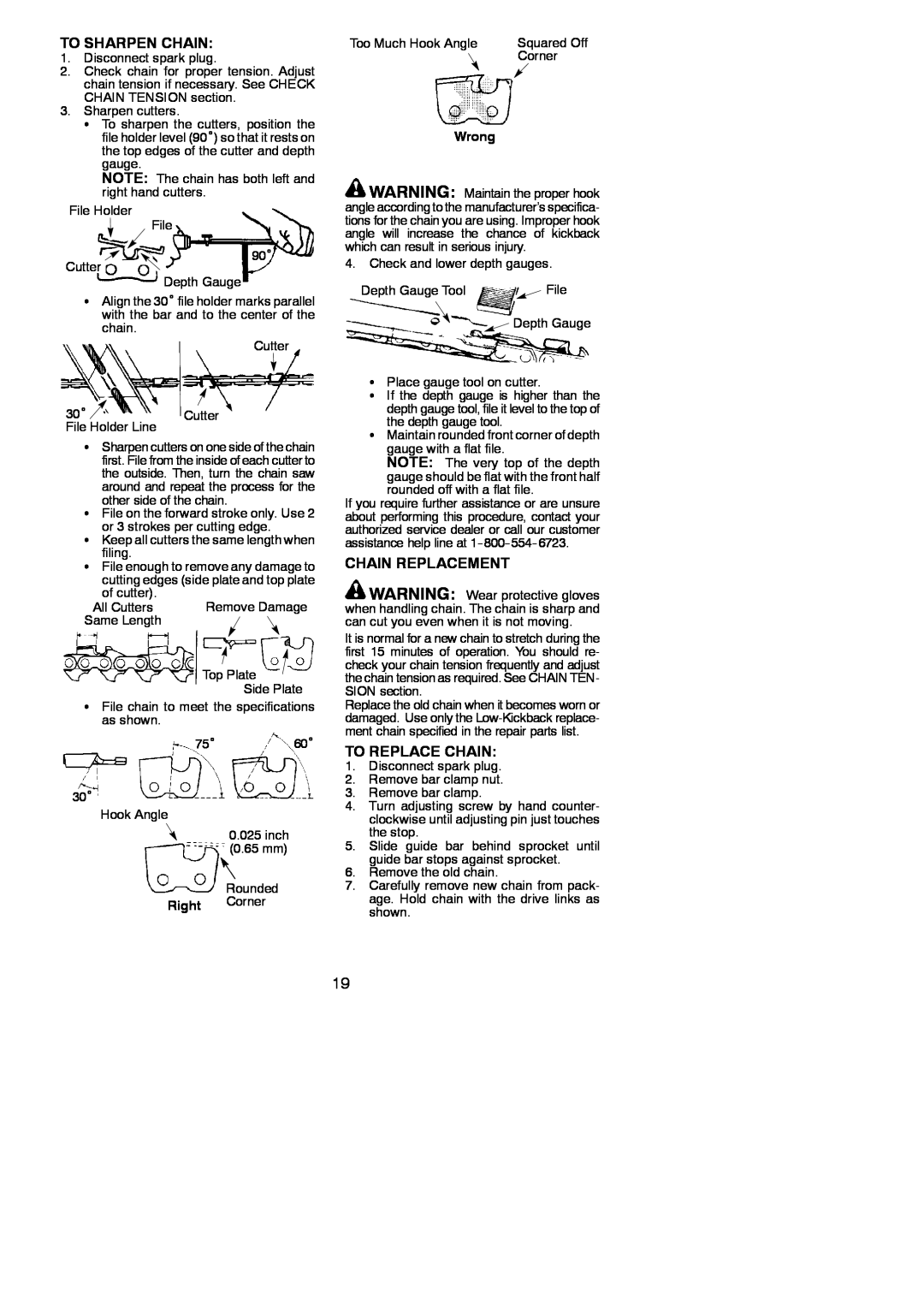 Poulan 115224926, PP338PT instruction manual To Sharpen Chain, Chain Replacement, To Replace Chain, Wrong, Right Corner 
