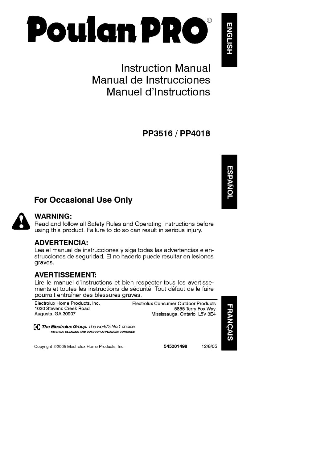 Poulan PP3516, PP4018 instruction manual English, Español Français, Electrolux Home Products, Inc, 545001498, 12/8/05 