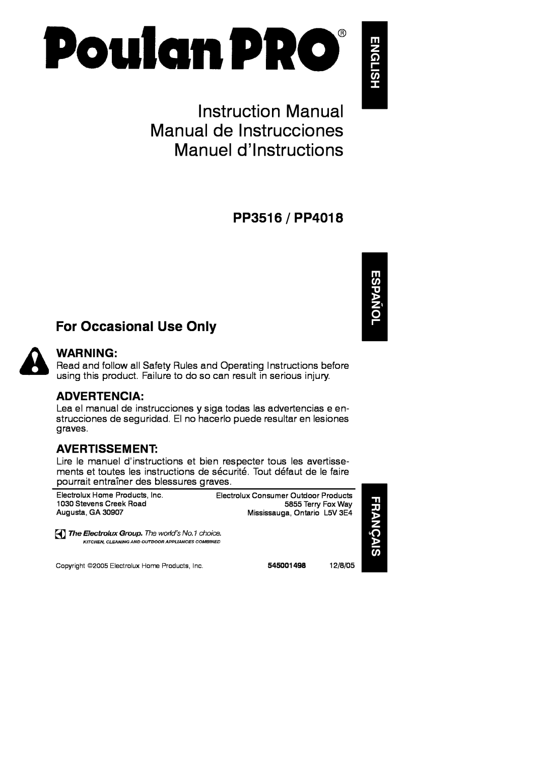 Poulan PP3516, PP4018 instruction manual English, Español Français, PP3516 / PP4018 For Occasional Use Only, Advertencia 