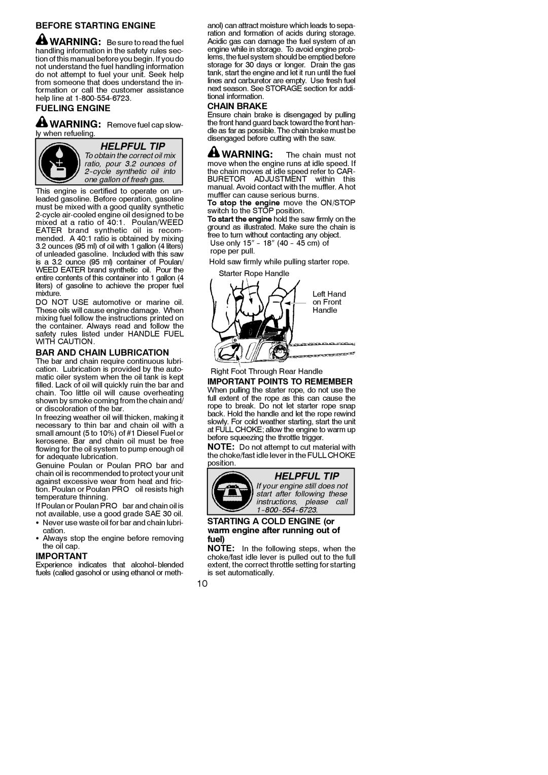 Poulan PP3516AVX, PP4218AVX Before Starting Engine Fueling Engine, BAR and Chain Lubrication, Important Points to Remember 