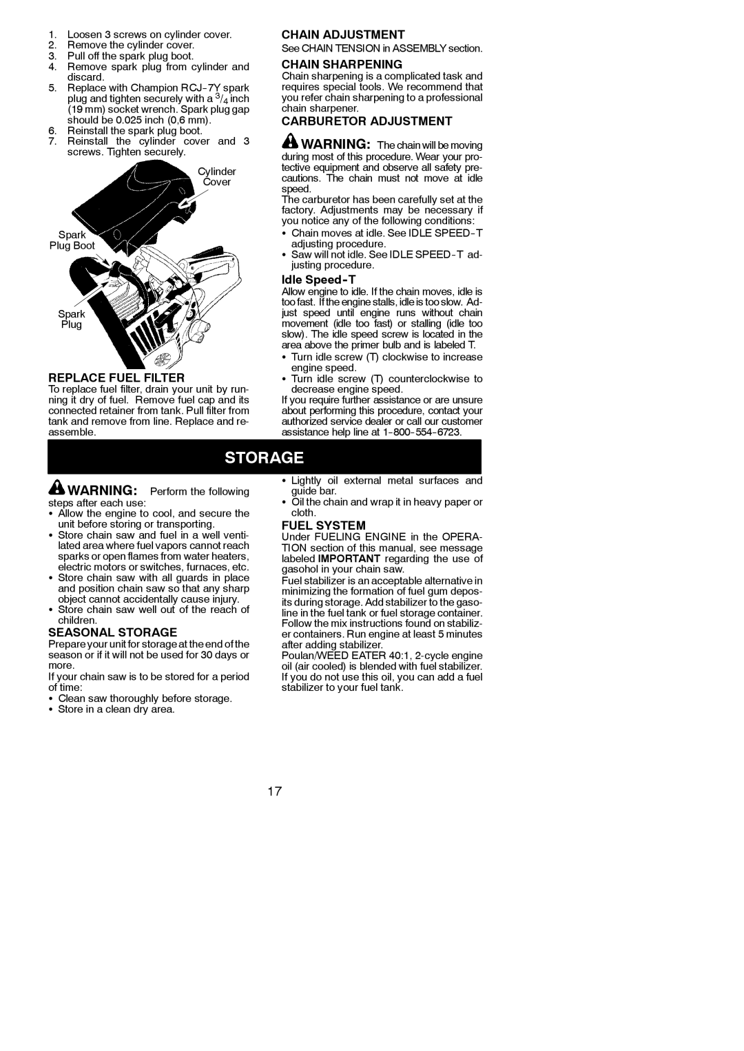 Poulan PP3516AVX, PP4218AVX instruction manual Storage 