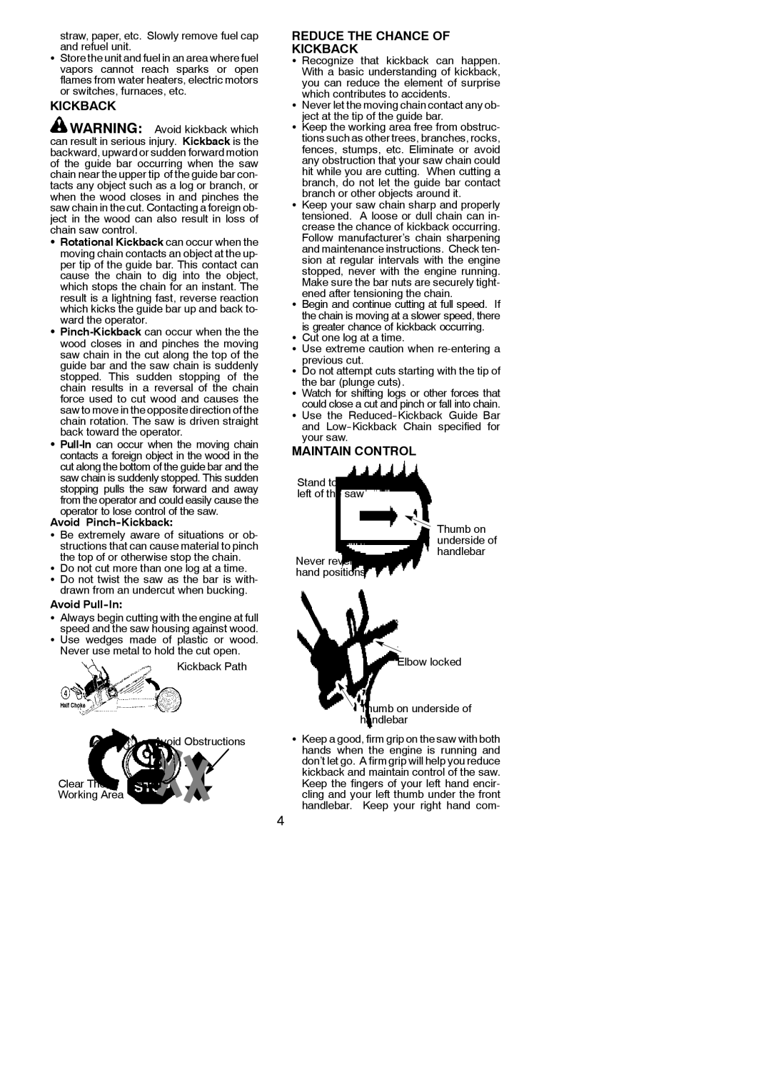 Poulan PP3516AVX, PP4218AVX instruction manual Reduce the Chance of Kickback, Maintain Control 